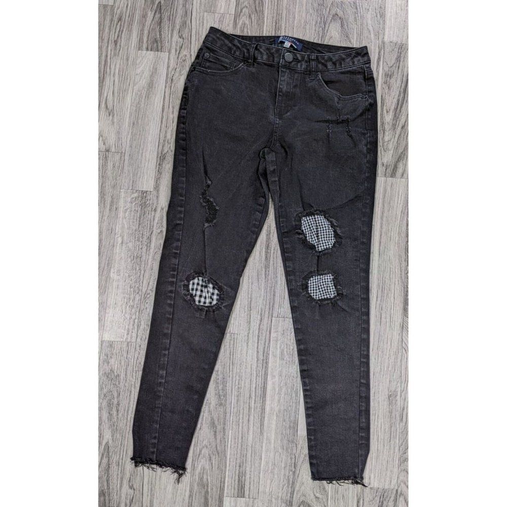(3/$35) Boom Boom Jeans Fringe Distressed Skinny Plaid Black Cropped Jeans